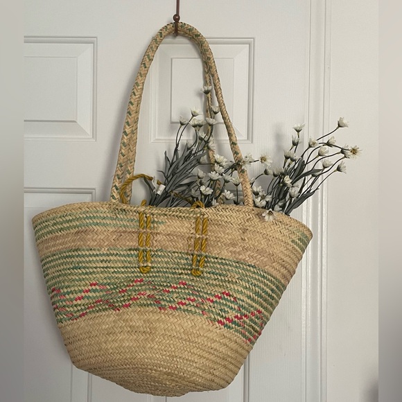Anthropologie Woven Straw Shoulder Bag - Natural and Pink - Picture 1 of 10